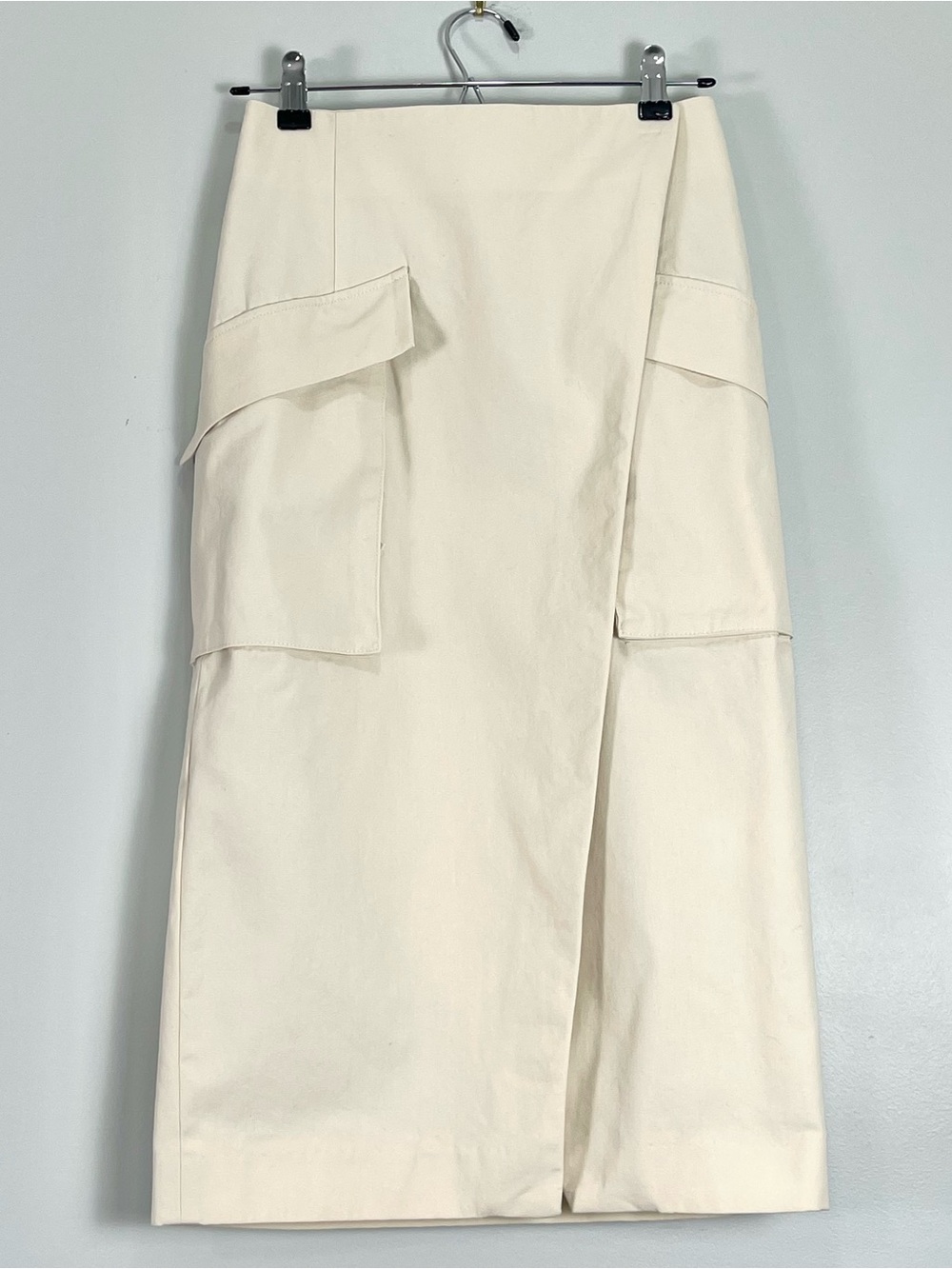 WHIM GAZETTE Womens Wrap Cargo Midi Skirt 100% Cotton Twill Fabric Ivory Size 38